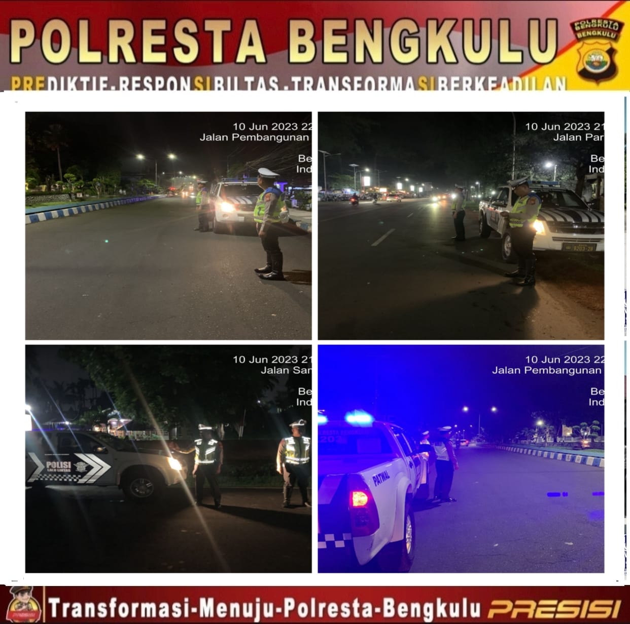 Antisipasi 3C dan Balap Liar, Sat Lantas Polresta Bengkulu Laksanakan Patroli Blue Light