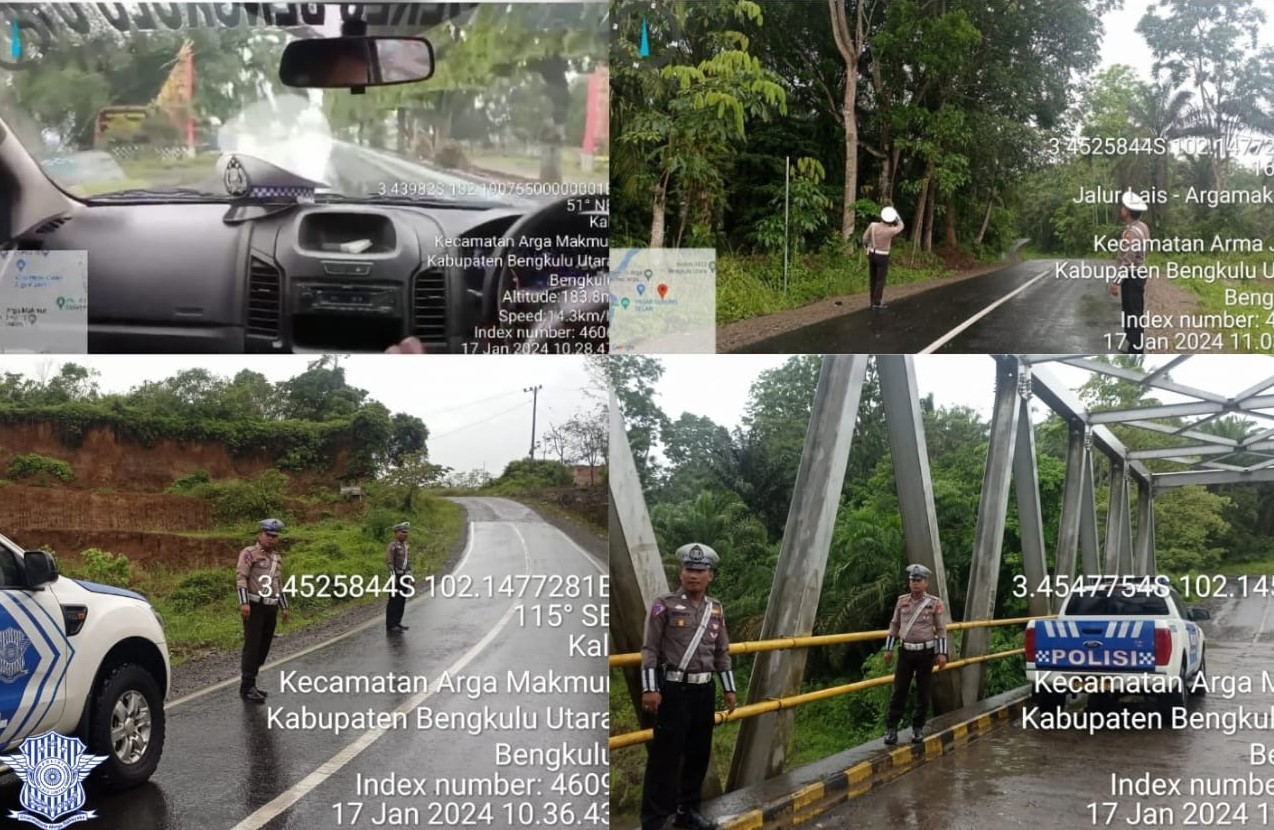 Hujan Seharian, Personel Lantas Bengkulu Utara Patroli Antisipasi Pohon Tumbang, Banjir, dan Longsor