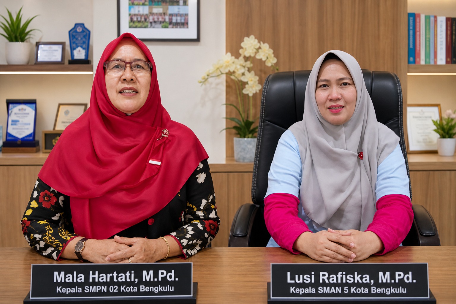Kepala Sekolah SMP Negeri 02 Kota Bengkulu Mala Hartati, M.Pd bersama Kepala Sekolah SMA Negeri 5 Kota Bengkulu Lusi Rafiska, M.Pd
