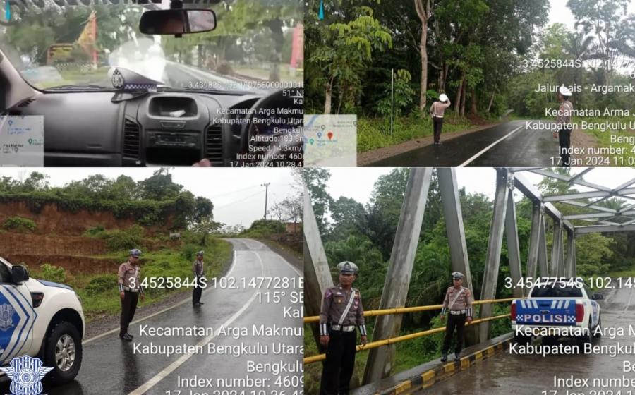 Hujan Seharian, Personel Lantas Bengkulu Utara Patroli Antisipasi Pohon Tumbang, Banjir, dan Longsor