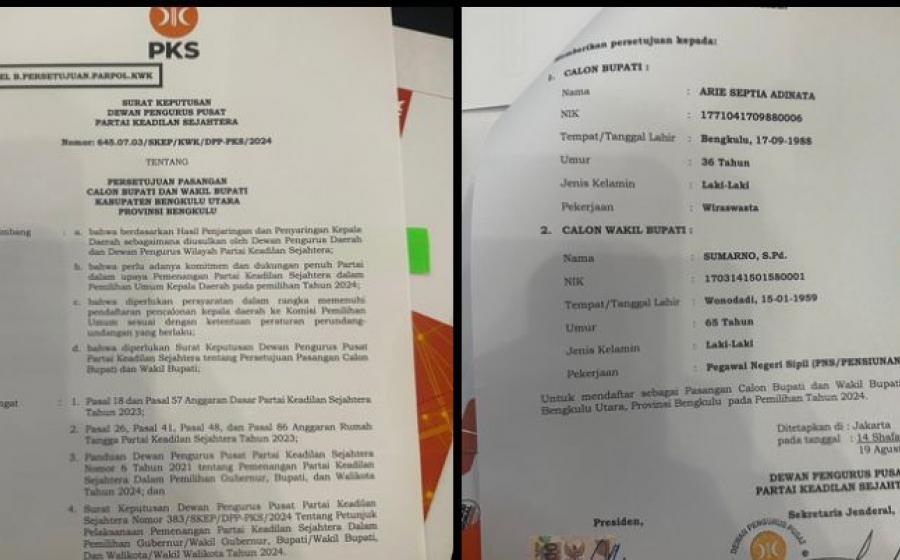 PKS Serahkan B1 KWK ke Arie - Sumarno di Pilkada Bengkulu Utara